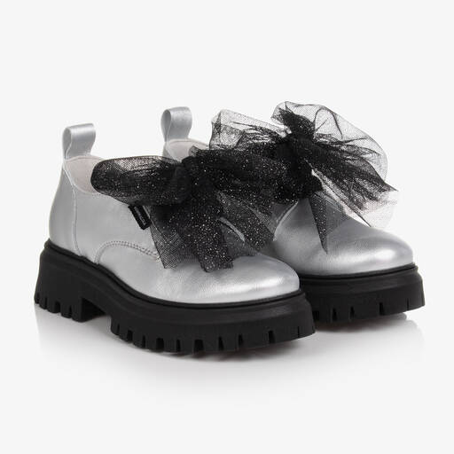 Monnalisa-Серебристые кожаные туфли с бантами из тюля | Childrensalon Outlet