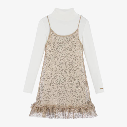 Monnalisa-Girls Sparkling Sequinned Gold Dress Set | Childrensalon Outlet