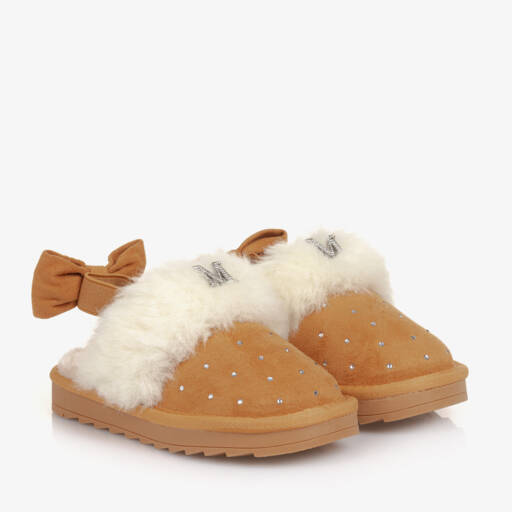 Monnalisa-Girls Sparkly Beige Faux Suede Slippers | Childrensalon Outlet