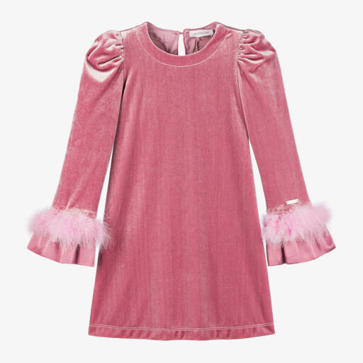 Monnalisa-Girls Velour Pink Dress with Feathers | Childrensalon Outlet
