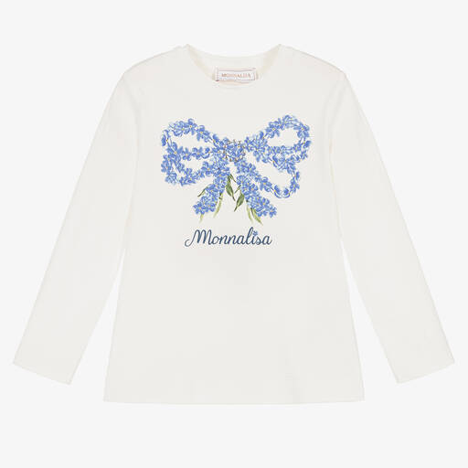 Monnalisa-Girls White & Blue Cotton Floral Bow Top | Childrensalon Outlet