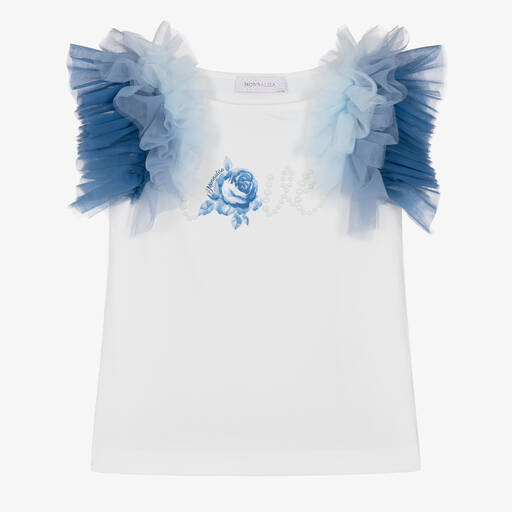 Monnalisa-Girls White & Blue Flutter T-Shirt | Childrensalon Outlet