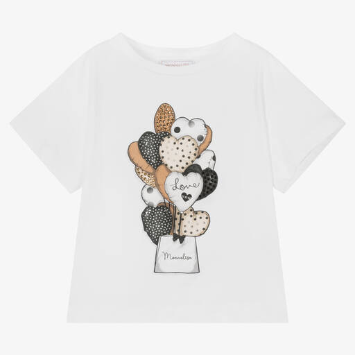 Monnalisa-Girls White Cotton Balloon Print T-Shirt  | Childrensalon Outlet