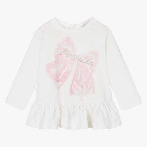 Monnalisa-Girls White Cotton Bow Top  | Childrensalon Outlet