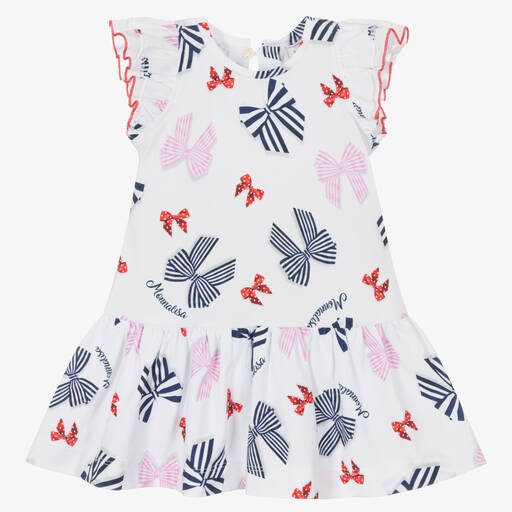 Monnalisa-Girls White Cotton Bows & Logo Dress | Childrensalon Outlet