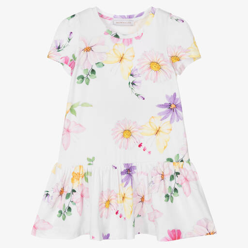 Monnalisa-Girls White Cotton Floral Dress | Childrensalon Outlet