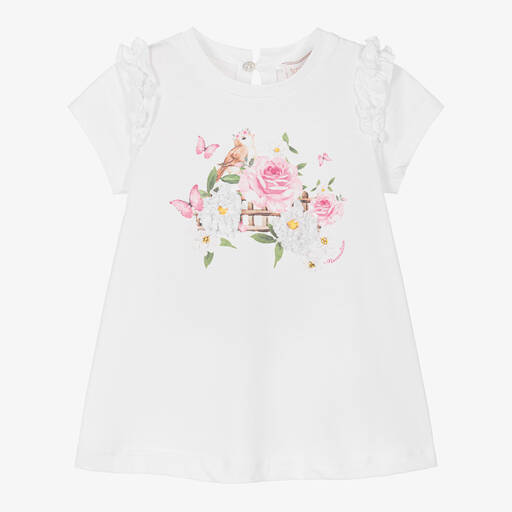 Monnalisa-Белое хлопковое платье с цветами для девочек | Childrensalon Outlet
