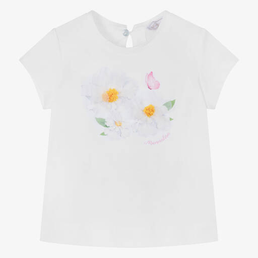 Monnalisa-Girls White Cotton Flower T-Shirt | Childrensalon Outlet