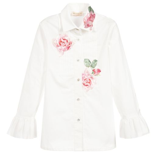 Monnalisa Chic-Girls White Cotton Roses Shirt | Childrensalon Outlet