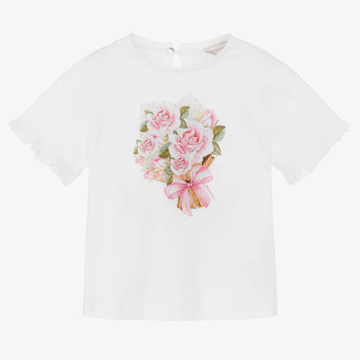 Monnalisa-Girls White Cotton Roses T-Shirt | Childrensalon Outlet