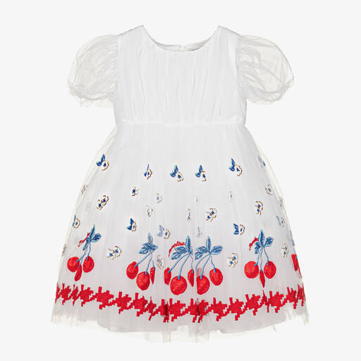 Monnalisa-Girls White Embroidered Tulle Cherry Dress | Childrensalon Outlet
