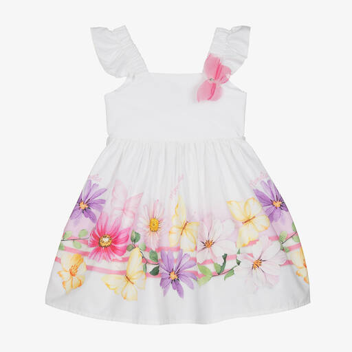 Monnalisa-Girls White Floral Cotton Butterfly Dress | Childrensalon Outlet