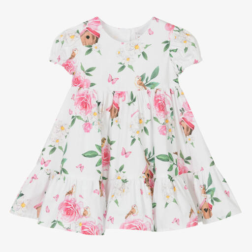 Monnalisa-Белое хлопковое платье с цветами для девочек | Childrensalon Outlet