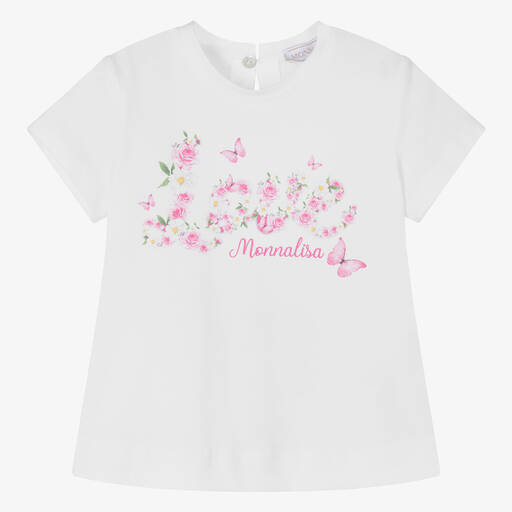 Monnalisa-Girls White Floral Cotton Love T-Shirt | Childrensalon Outlet