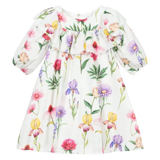 Monnalisa-Белое платье с цветочным рисунком для девочек | Childrensalon Outlet