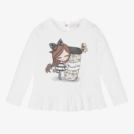 Monnalisa-Girls White Graphic Cotton Top | Childrensalon Outlet