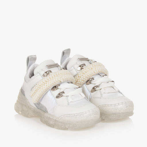 Monnalisa-Girls White Leather & Pearl Trainers | Childrensalon Outlet