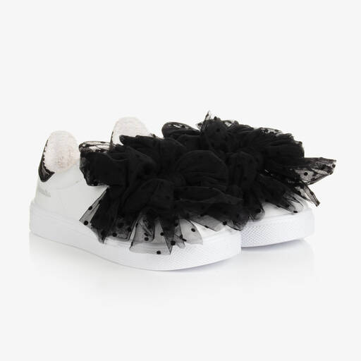 Monnalisa-Белые кожаные кроссовки с бантами из тюля | Childrensalon Outlet