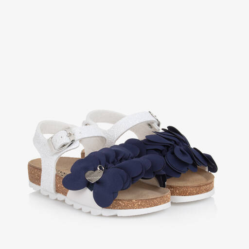 Monnalisa-Girls White & Navy Blue Flower Sandals | Childrensalon Outlet