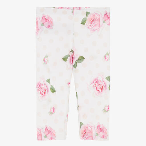 Monnalisa-Girls White & Pink Cotton Roses Leggings | Childrensalon Outlet