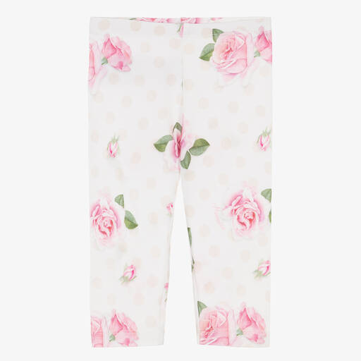 Monnalisa-Белые хлопковые легинсы с розовыми розами | Childrensalon Outlet