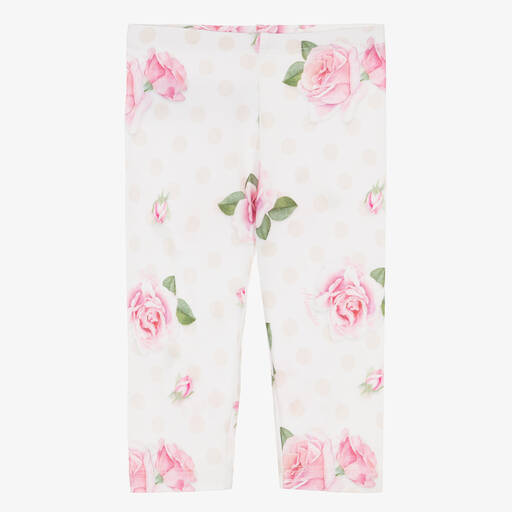 Monnalisa-Baumwoll-Rosen-Leggings weiß/rosa | Childrensalon Outlet