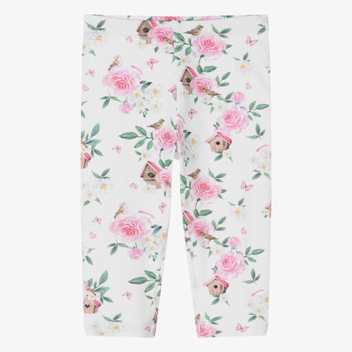 Monnalisa-Girls White & Pink Floral Cotton Leggings | Childrensalon Outlet