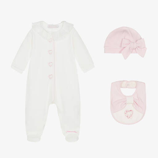Monnalisa-Girls White & Pink Heart Crystal Babygrow Set | Childrensalon Outlet