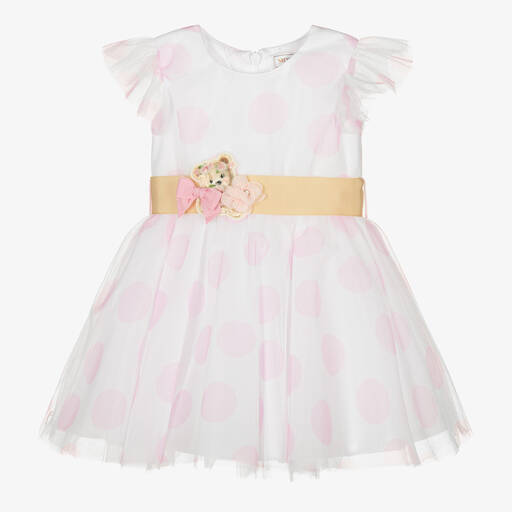 Monnalisa-Girls White & Pink Polka Dot Tulle Dress | Childrensalon Outlet