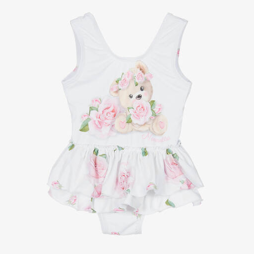 Monnalisa-Girls White & Pink Roses & Bear Swimsuit | Childrensalon Outlet
