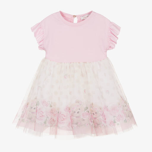 Monnalisa-Girls White & Pink Roses & Bears Tulle Dress | Childrensalon Outlet