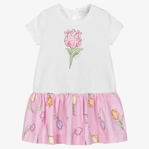 Monnalisa-Girls White & Pink Tulip Dress | Childrensalon Outlet