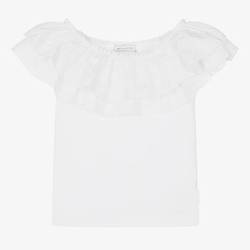 Monnalisa-Girls White Ruffle Cotton T-Shirt | Childrensalon Outlet