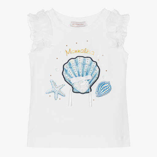 Monnalisa-Girls White Sea Shell Cotton T-Shirt | Childrensalon Outlet