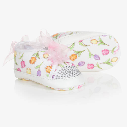 Monnalisa-Girls White Tulip Print Pre-Walker Shoes | Childrensalon Outlet