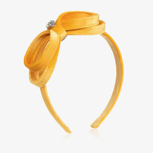 Monnalisa-Girls Yellow Velvet Bow Hairband | Childrensalon Outlet