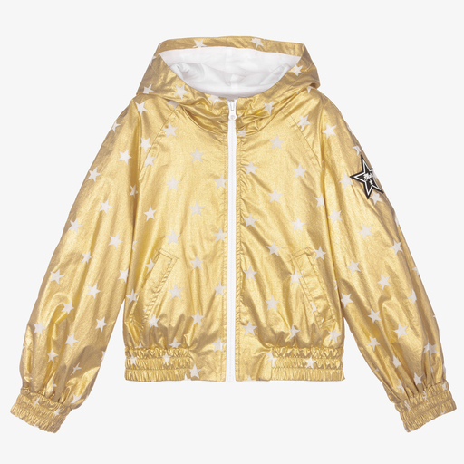 Monnalisa-Gold Cotton Hooded Jacket  | Childrensalon Outlet