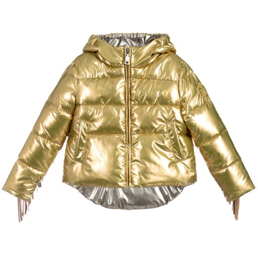 Monnalisa-Gold Fringed Puffer Jacket | Childrensalon Outlet