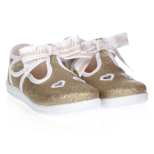 Monnalisa-Gold Glitter Bow Canvas Shoes | Childrensalon Outlet