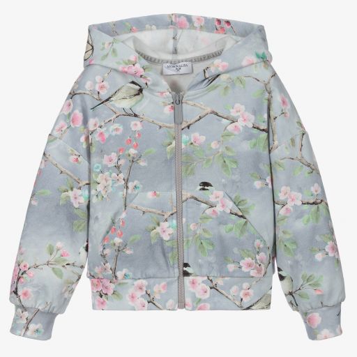 Monnalisa-Grey Floral Cotton Zip-Up Top | Childrensalon Outlet