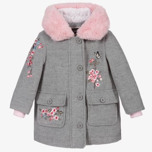 Monnalisa-Серо-розовое шерстяное пальто с цветами | Childrensalon Outlet