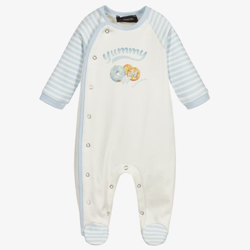 Monnalisa-Ivory & Blue Cotton Babygrow | Childrensalon Outlet