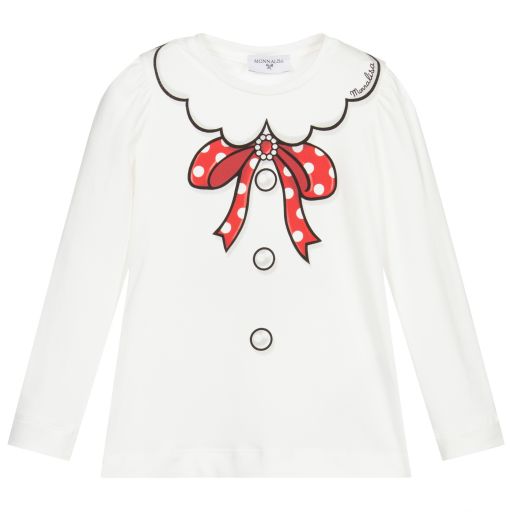 Monnalisa-Ivory Cotton Bow Top | Childrensalon Outlet