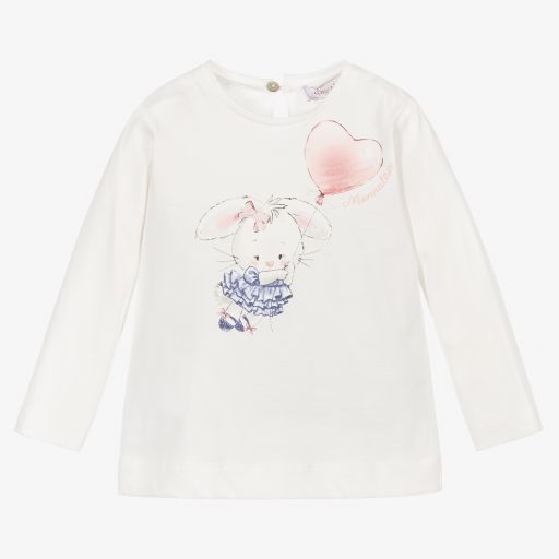 Monnalisa-Ivory Cotton Bunny Top  | Childrensalon Outlet