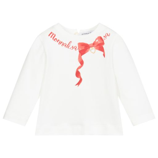 Monnalisa-Ivory Cotton Logo Top | Childrensalon Outlet