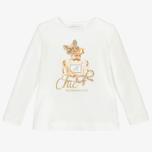 Monnalisa-Ivory Cotton Perfume Print Top | Childrensalon Outlet