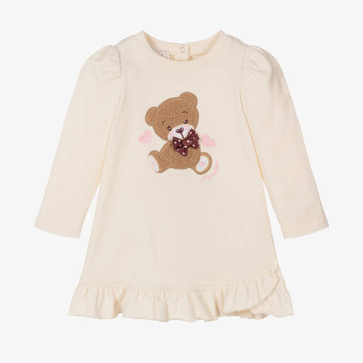 Monnalisa-Кремовое хлопковое платье с медвежонком | Childrensalon Outlet