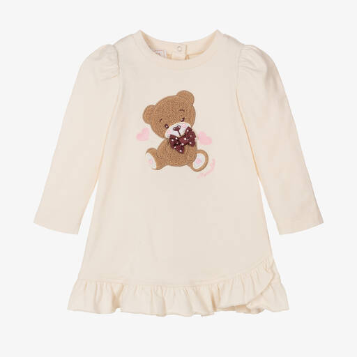 Monnalisa-فستان بطبعة تيدي بير قطن جيرسي لون عاجي | Childrensalon Outlet