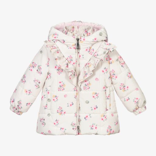 Monnalisa-Ivory & Pink Floral Coat | Childrensalon Outlet
