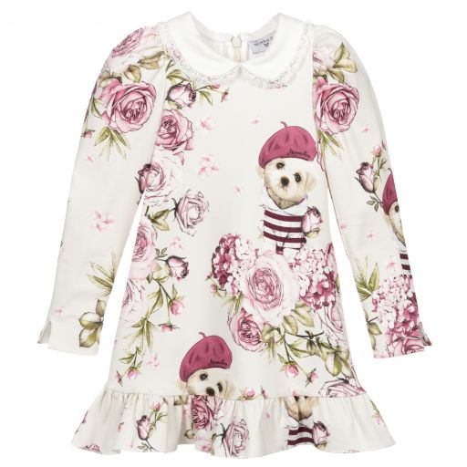 Monnalisa-Ivory & Pink Rose Jersey Dress | Childrensalon Outlet